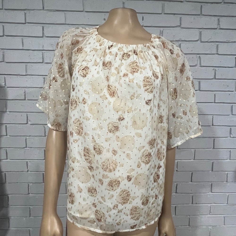 LOFT Cream Gold Metallic Seashell Clip Dot Tie Back Blouse Coquette L